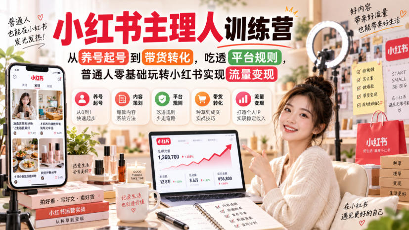 小红书主理人训练营,从养号起号到带货转化,吃透平台规则,普通人零基础玩转小红书实现流量变现-小灰云创