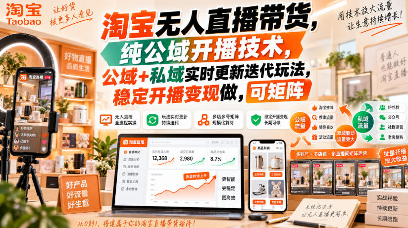 淘宝无人直播带货，纯公域开播技术，公域+私域实时更新迭代玩法，稳定开播变现做，可矩阵【揭秘】-小灰云创