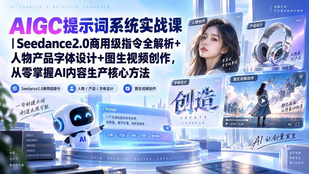 （20559期）AIGC提示词系统实战课-无水印｜Seedance2.0商用级指令全解析+人物产品字体设计+图生视频创作，掌握AI内容生产方法-小灰云创