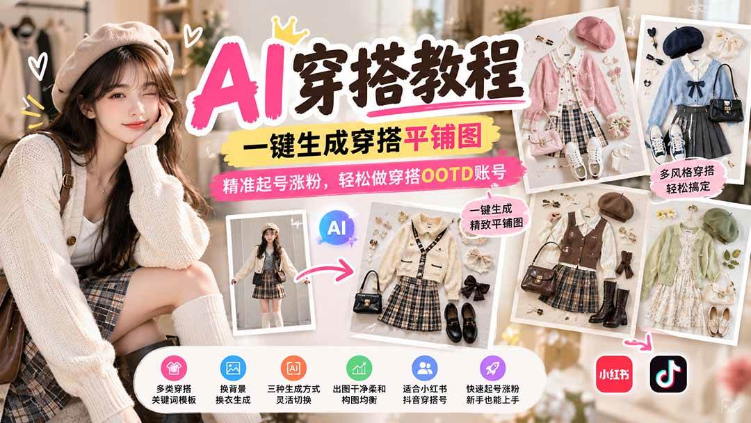 （21134期）【无水印】AI穿搭教程｜一键生成穿搭平铺图，精准起号涨粉，轻松做穿搭OOTD账号-小灰云创