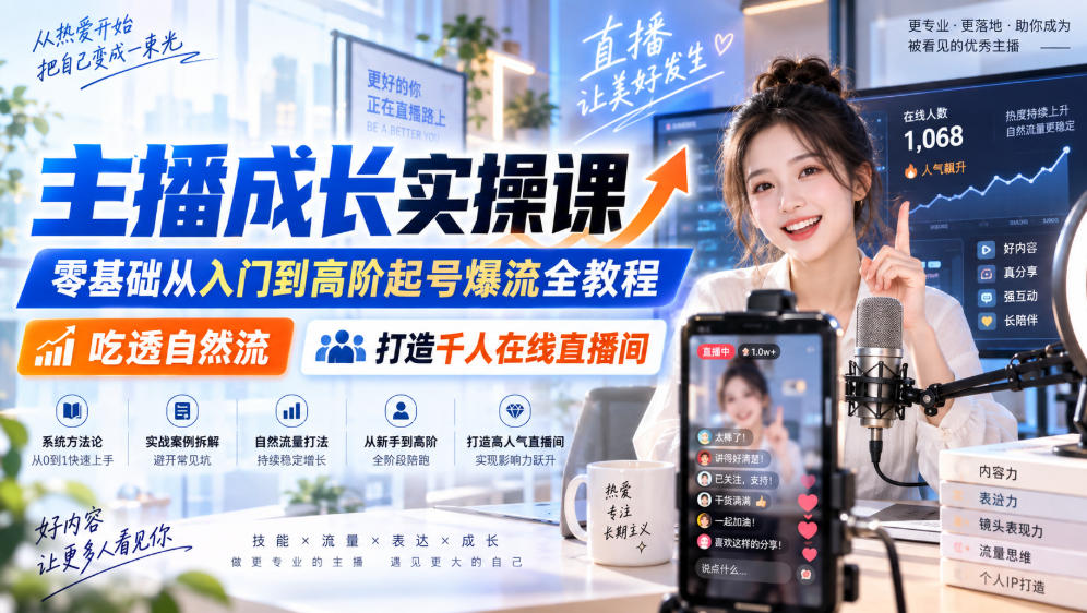 主播成长实操课|零基础从入门到高阶起号爆流全教程,吃透自然流,打造千人在线直播间-小灰云创