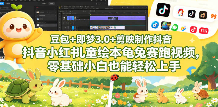 豆包＋即梦3.0+剪映制作抖音小红书儿童绘本龟兔赛跑视频，零基础小白也能轻松上手-小灰云创