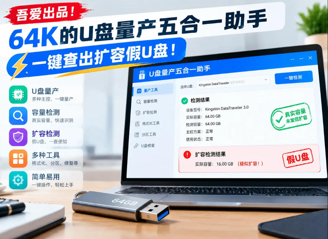 吾爱出品!64K的U盘量产五合一助手,一键查出扩容假U盘! 吾爱出品!64K的U盘量产五合一助手,一键查出扩容假U盘!