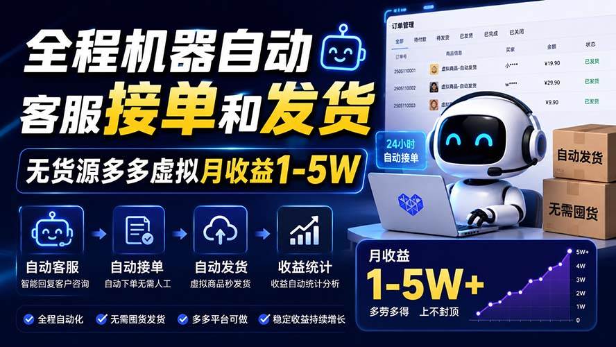 （20119期）全程机器自动客服接单和发货，无货源多多虚拟月收益1-5W-小灰云创