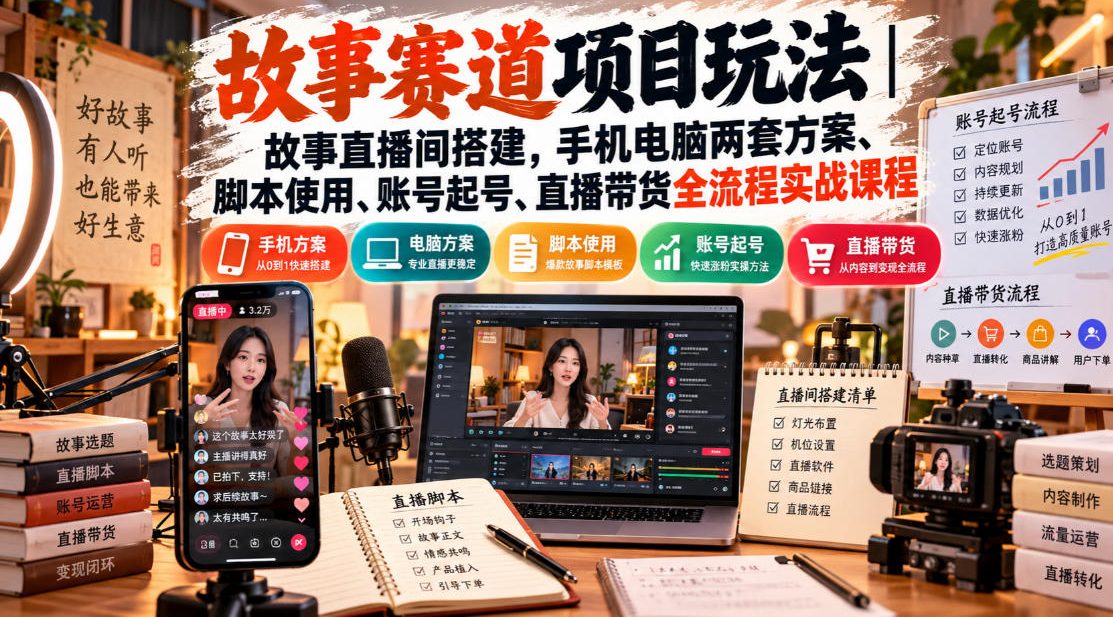 故事赛道项目玩法｜故事直播间搭建，手机电脑两套方案、脚本使用、账号起号、直播带货全流程实战课程-小灰云创