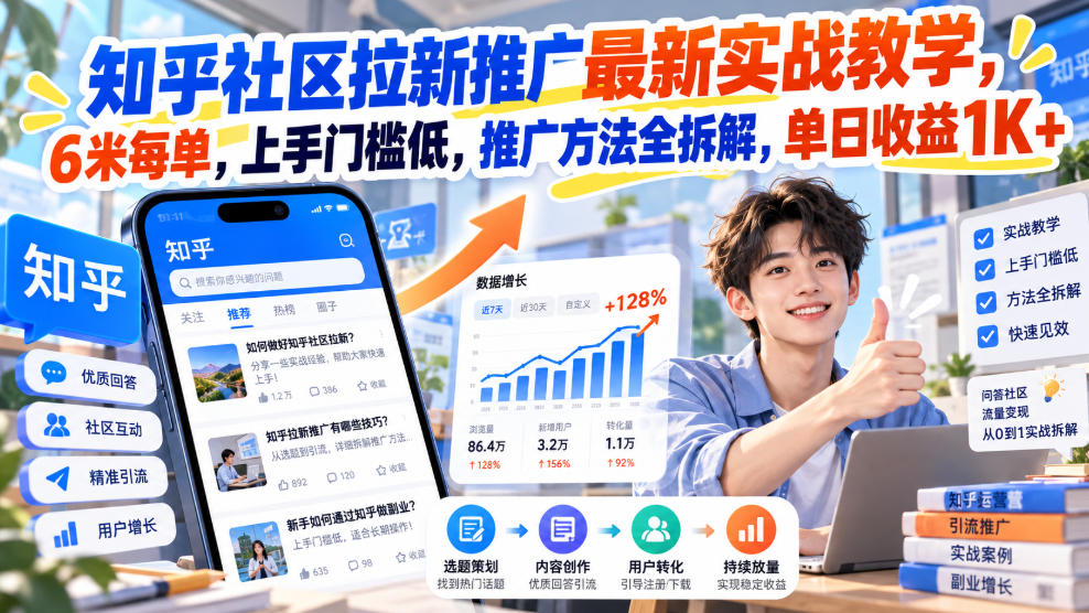 知乎社区拉新推广最新实战教学,6米每单,上手门槛低,推广方法全拆解,单日收益1K+!-小灰云创