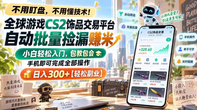 全球游戏CS2饰品交易平台自动批量捡漏賺米，小白轻松入门，包教包会，手机即可完成全部操作，日入300+【揭秘】-小灰云创