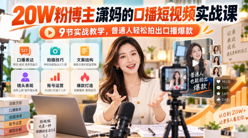20W粉博主潇妈的口播短视频实战课,9节实战教学,普通人轻松拍出口播爆款 20W粉博主潇妈的口播短视频实战课,9节实战教学,普通人轻松拍出口播爆款