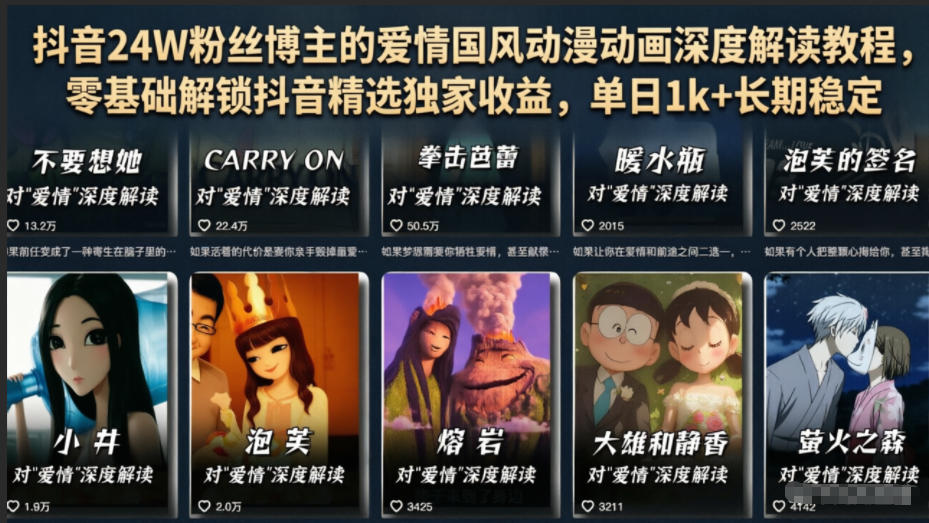 抖音24W粉丝博主的爱情国风动漫动画深度解读教程,零基础解锁抖音精选独家收益,单日1k+长期稳定-小灰云创