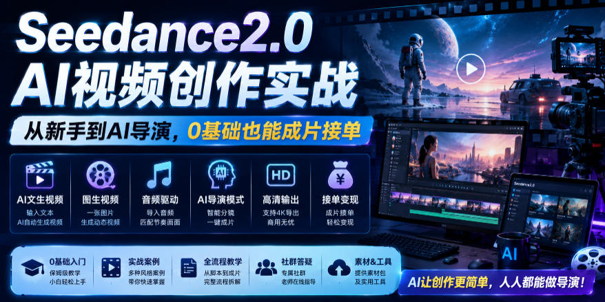 Seedance2.0 AI视频创作实战，从新手到AI导演，0基础也能成片接单变现-小灰云创