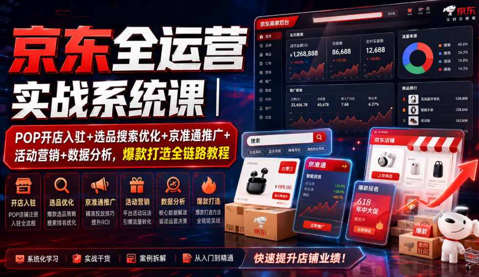 京东全运营实战系统课｜POP开店入驻+选品搜索优化+京准通推广+活动营销+数据分析，爆款打造全链路教程-小灰云创