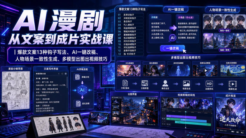 AI漫剧从文案到成片实战课｜爆款文案13种钩子写法、AI一键改稿、人物场景一致性生成、多模型出图出视频技巧-小灰云创