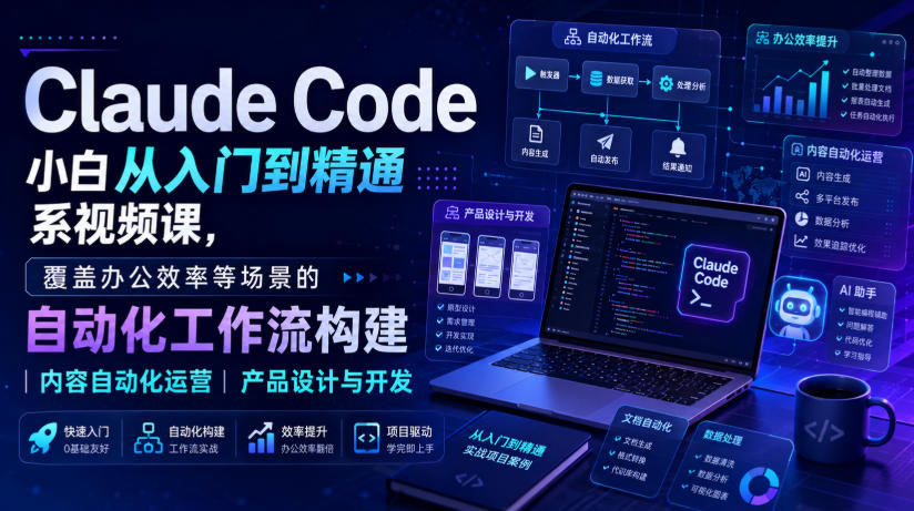 Claude Code小白从入门到精通系视频课,覆盖办公效率等场景的自动化工作流构建|内容自动化运营|产品设计与开发-小灰云创