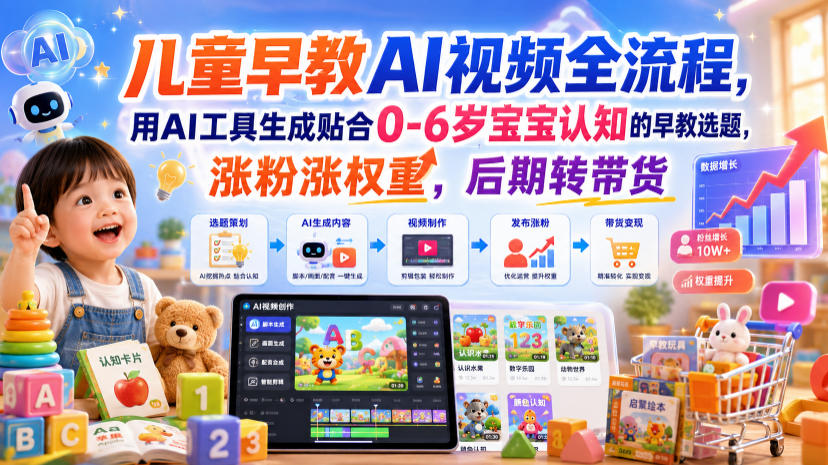 儿童早教AI视频全流程,用AI工具生成贴合0-6岁宝宝认知的早教选题,涨粉涨权重,后期转带货-小灰云创