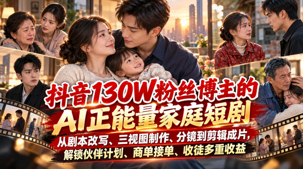 抖音130W粉丝博主的AI正能量家庭短剧，从剧本改写、三视图制作、分镜到剪辑成片，解锁伙伴计划、商单接单、收徒多重收益-小灰云创