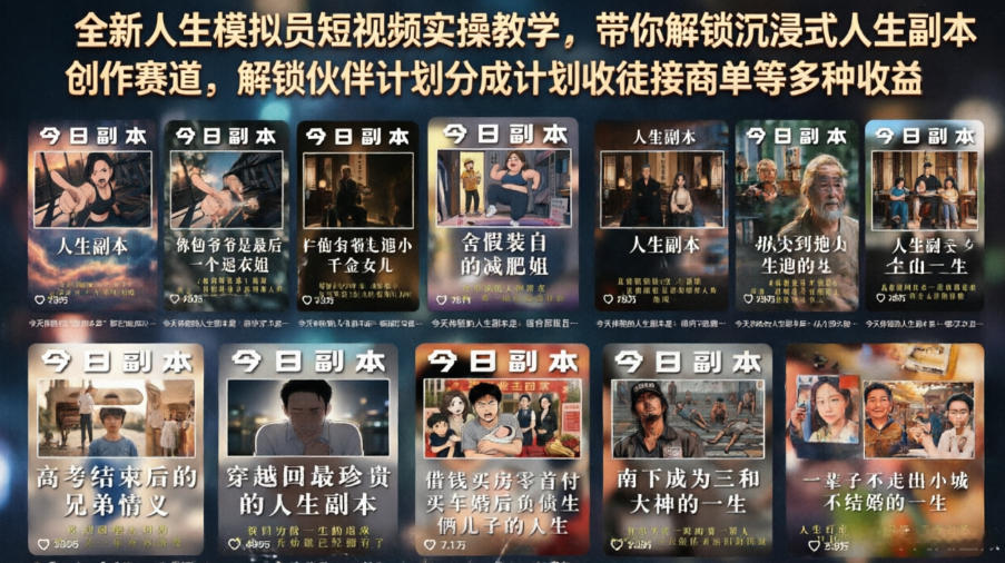全新人生模拟员短视频实操教学，带你解锁沉浸式人生副本创作赛道，解锁伙伴计划分成计划收徒接商单等多种收益-小灰云创