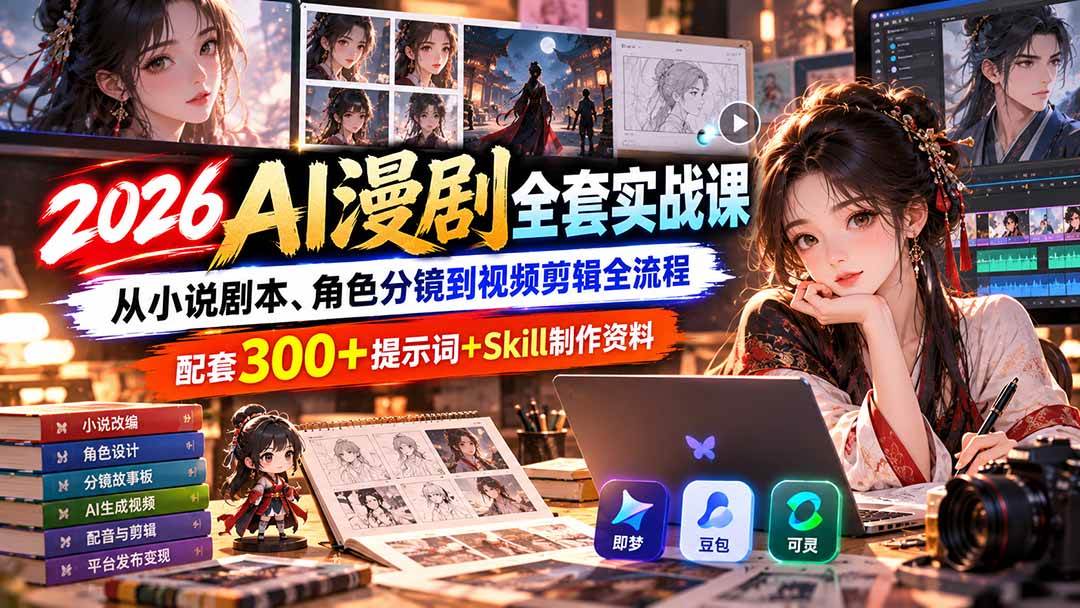（20629期）2026AI漫剧全套实战课：从小说剧本、角色分镜到视频剪辑全流程，配套300+提示词+Skill制作资料-小灰云创