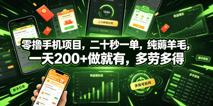 零撸手机项目，二十秒一单，纯薅羊毛，一天200+做就有，多劳多得【揭秘】-小灰云创