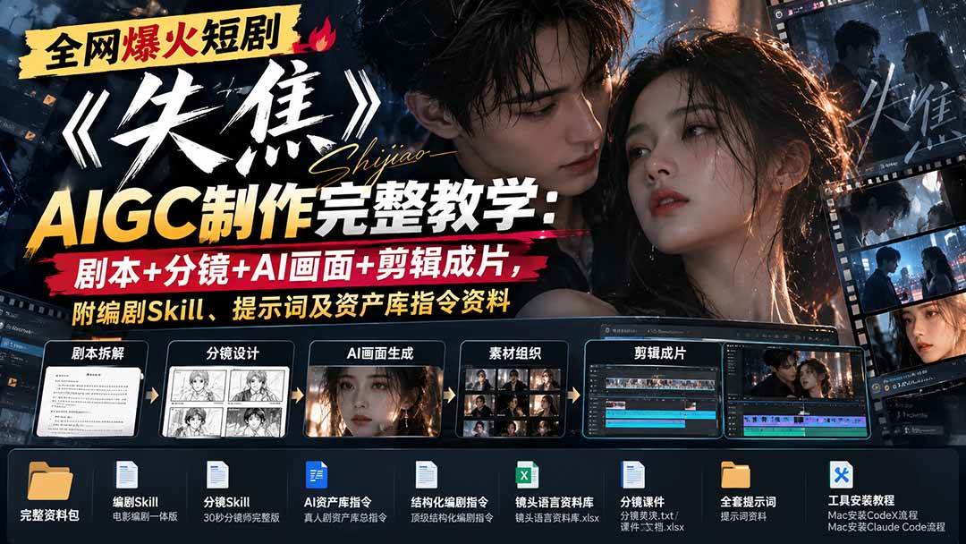 （20805期）全网爆火短剧《失焦》AIGC制作完整教学：剧本+分镜+AI画面+剪辑成片，附编剧Skill、提示词及资产库指令资料