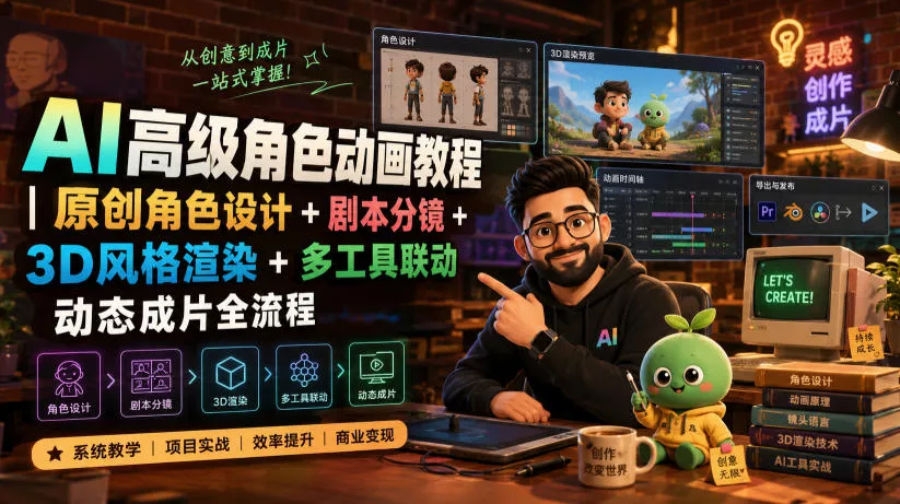 AI高级角色动画教程|原创角色设计+剧本分镜+3D风格渲染+多工具联动动态成片全流程【中英字幕】-小灰云创
