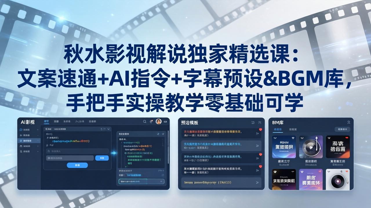 秋水影视解说独家精选课：文案速通+AI指令+字幕预设+BGM库，手把手实操教学零基础可学-小灰云创