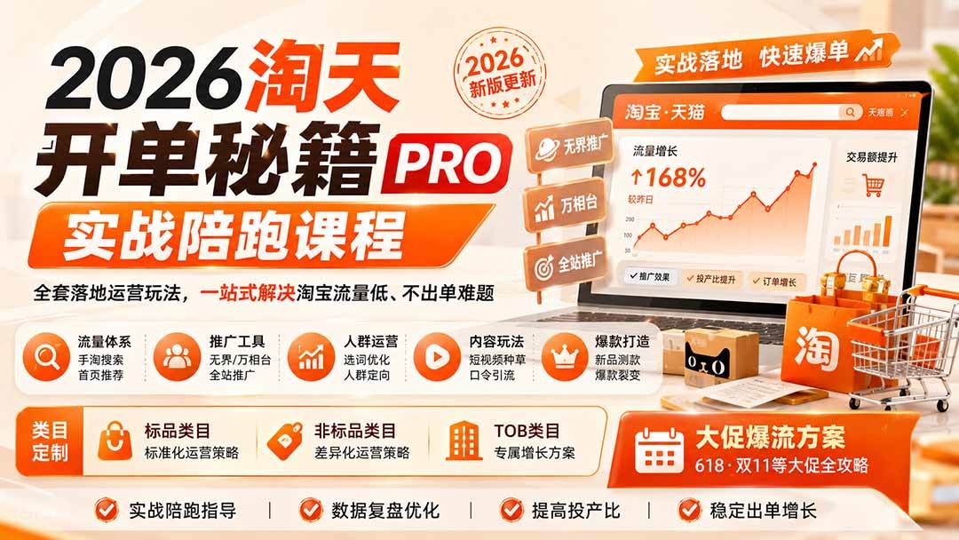 （20029期）2026淘天开单秘籍PRO实战陪跑课程：全套落地运营玩法，一站式解决淘宝流量低、不出单难题（更新260823）-小灰云创