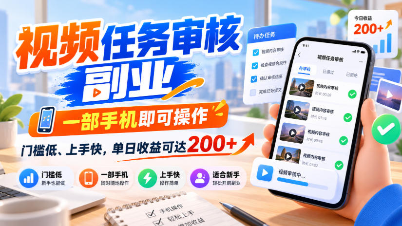 视频任务审核副业,一部手机即可操作,门槛低、上手快,单日收益可达200+【揭秘】 视频任务审核副业,一部手机即可操作,门槛低、上手快,单日收益可达200+【揭秘】