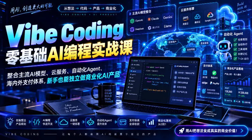 Vibe Coding零基础AI编程实战课-无水印，整合主流AI模型、云服务、自动化Agent、海内外支付体系，新手也能独立做商业化AI产品-小灰云创