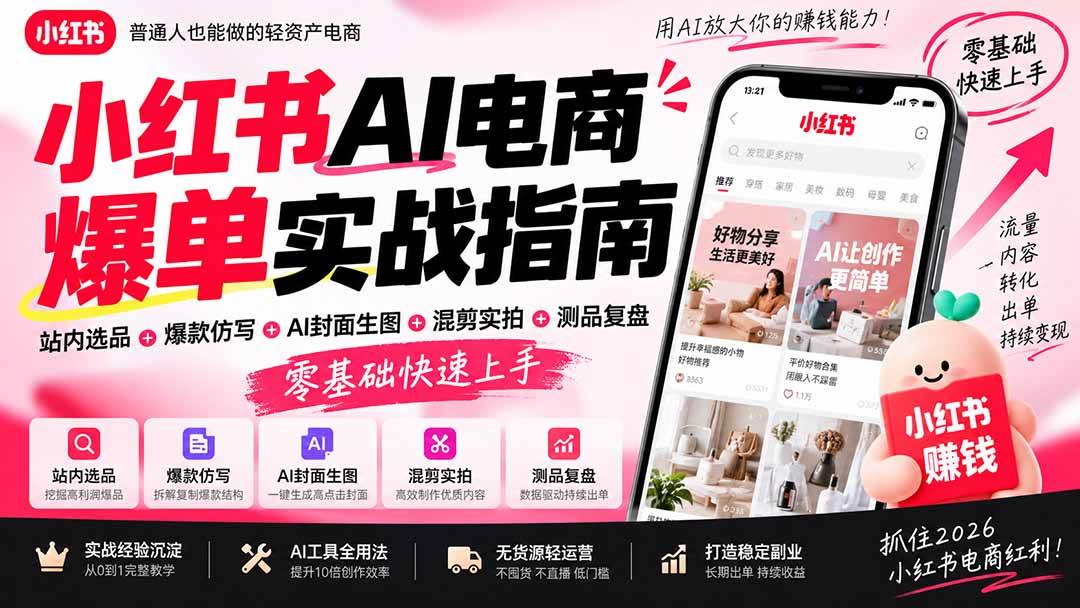 (20516期)2026小红书AI电商爆单实战指南:站内选品+爆款仿写+AI封面生图+混剪实拍+测品复盘,零基础快速上手-小灰云创