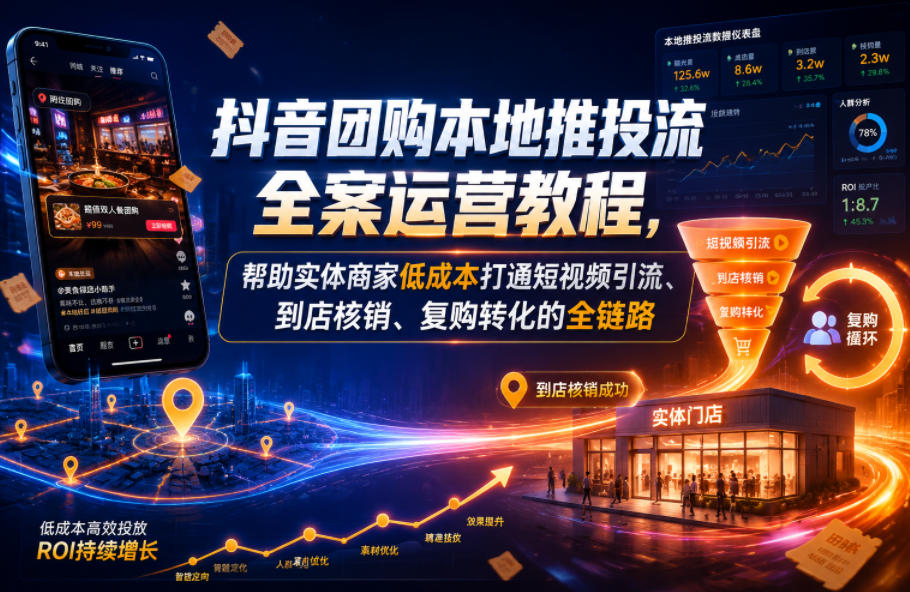 抖音团购本地推投流全案运营教程，帮助实体商家低成本打通短视频引流、到店核销、复购转化的全链路-小灰云创