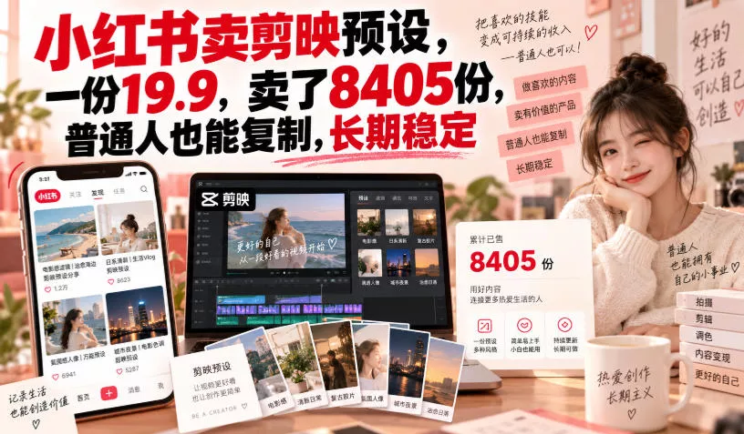 小红书卖剪映预设，一份19.9，卖了8405份，普通人也能复制，长期稳定-小灰云创