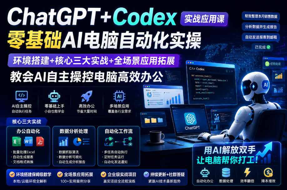 ChatGPT+Codex实战应用课｜零基础AI电脑自动化实操，环境搭建+核心三大实战+全场景应用拓展，教会AI自主操控电脑高效办公-小灰云创