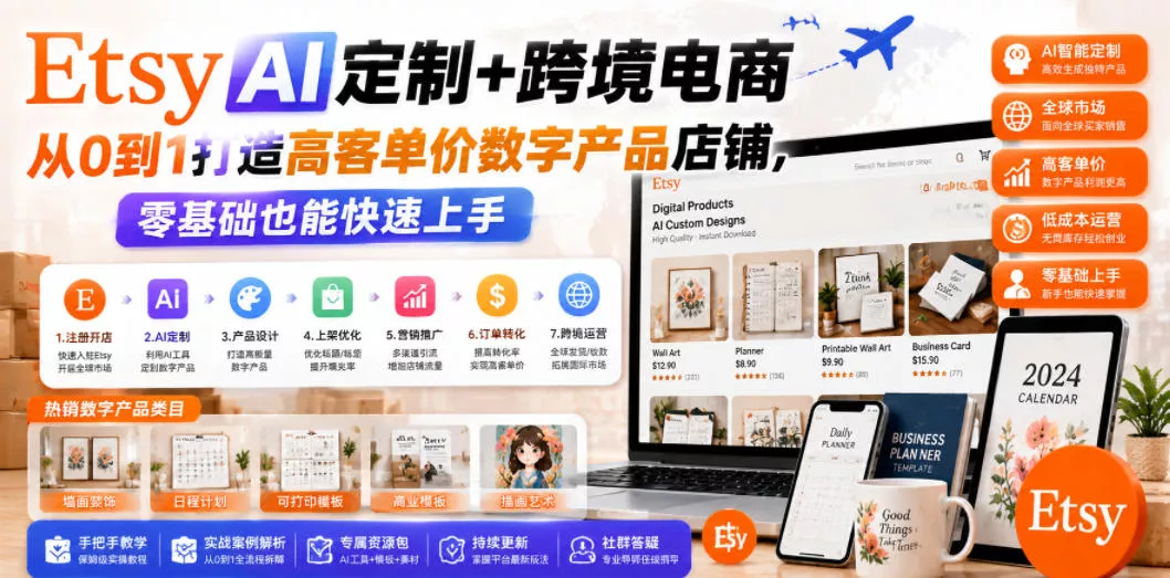 Etsy AI定制+跨境电商,从0到1打造高客单价数字产品店铺,零基础也能快速上手-小灰云创