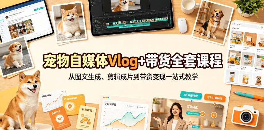宠物自媒体Vlog+带货全套课程｜从图文生成、剪辑成片到带货变现一站式教学-小灰云创