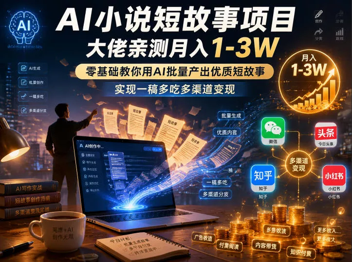 AI小说短故事项目，大佬亲测月入1-3W，零基础教你用AI批量产出优质短故事，实现一稿多吃多渠道变现-小灰云创