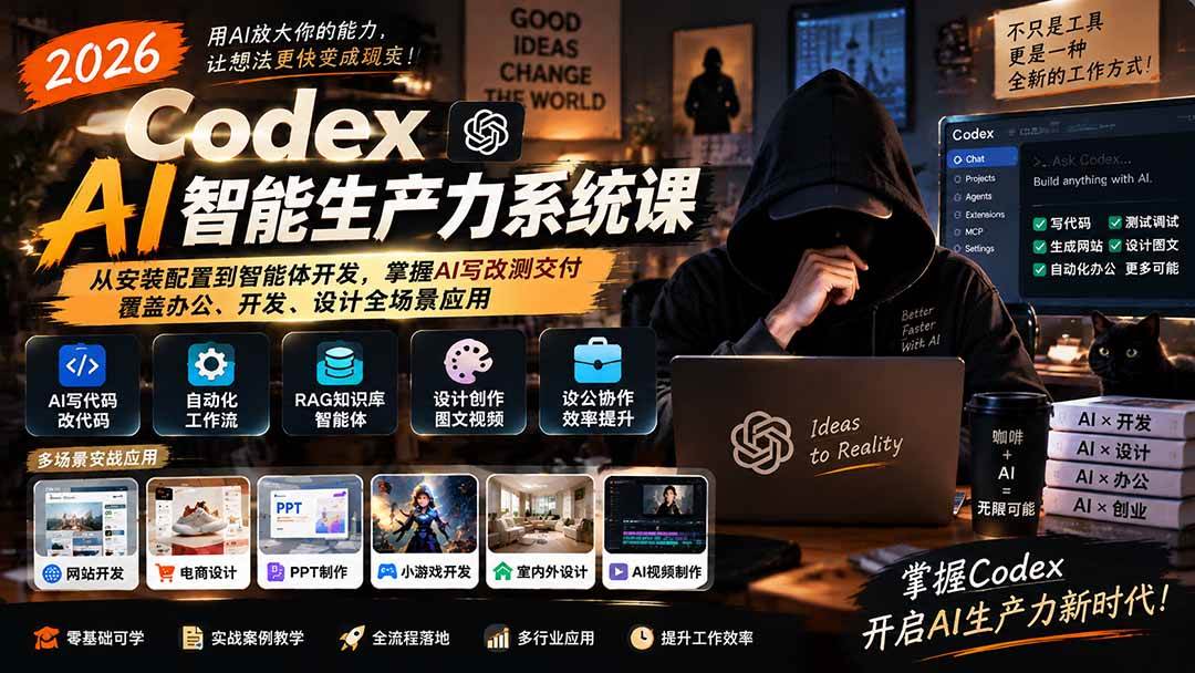 （20535期）2026 Codex AI智能生产力系统课-更新｜从安装配置到智能体开发，掌握AI写改测交付，覆盖办公、开发、设计全场景应用-小灰云创