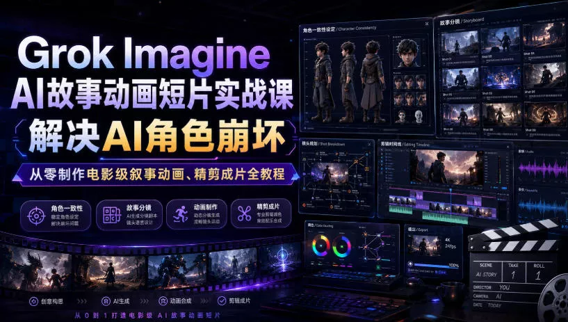 Grok Imagine AI故事动画短片实战课|解决AI角色崩坏,从零制作电影级叙事动画、精剪成片全教程(中英字幕)-小灰云创