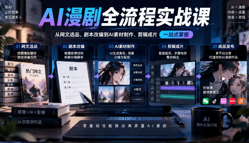AI漫剧全流程实战课，覆盖从网文选品、剧本改编到AI素材制作、剪辑成片的完整链路-小灰云创