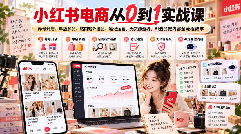 小红书电商从0到1实战课|养号开店、单店多品、站内站外选品、笔记运营、无货源避坑、AI选品做内容全流程教学 小红书电商从0到1实战课|养号开店、单店多品、站内站外选品、笔记运营、无货源避坑、AI选品做内容全流程教学