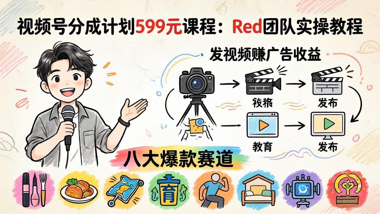 视频号分成计划599元课程：Red团队实操教程，发视频赚广告收益，八大爆款赛道全掌握-小灰云创