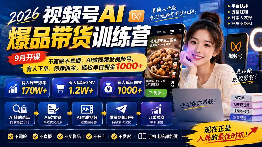 （20537期）2026视频号AI爆品带货训练营-9月开课｜不露脸不直播，AI做视频发视频号，有人下单，你赚佣金，轻松单日佣金1000+-小灰云创
