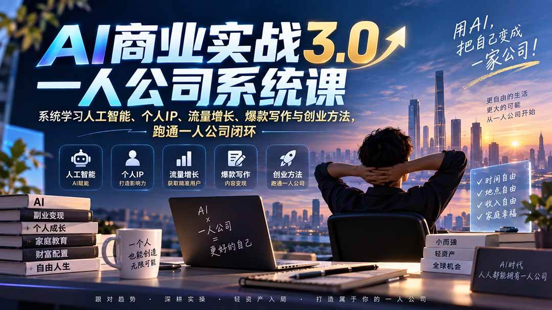 （20249期）AI商业实战3.0一人公司系统课：系统学习人工智能、个人IP、流量增长、爆款写作与创业方法，跑通一人公司闭环-小灰云创