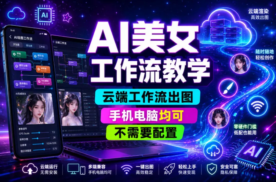 AI美女工作流教学,云端工作流出图,手机电脑均可,不需要配置,快速起号涨粉-小灰云创