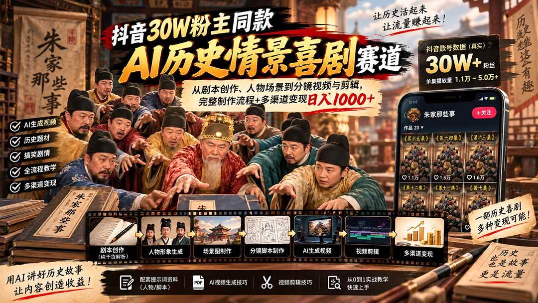 （20613期）抖音30W粉博主同款AI历史情景喜剧赛道：从剧本创作、人物场景到分镜视频与剪辑，完整制作流程+多渠道变现日入1000+-小灰云创