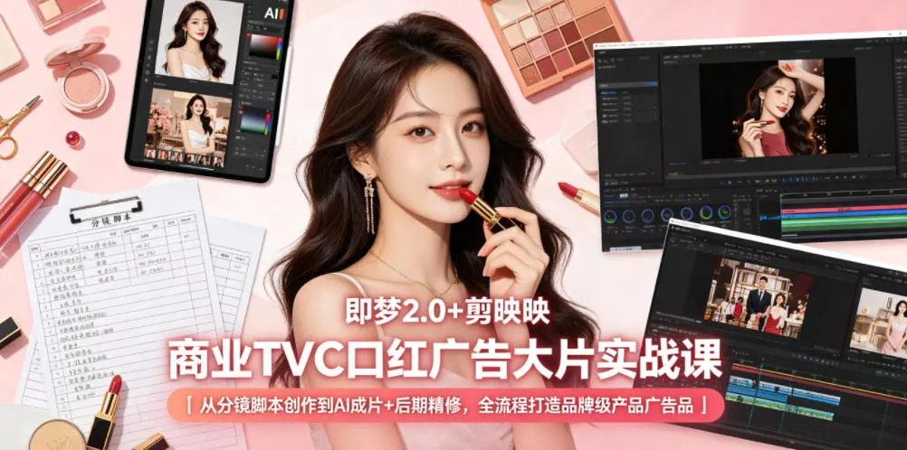即梦2.0+剪映商业TVC口红广告大片实战课｜从分镜脚本创作到AI成片+后期精修，全流程打造品牌级产品广告-小灰云创
