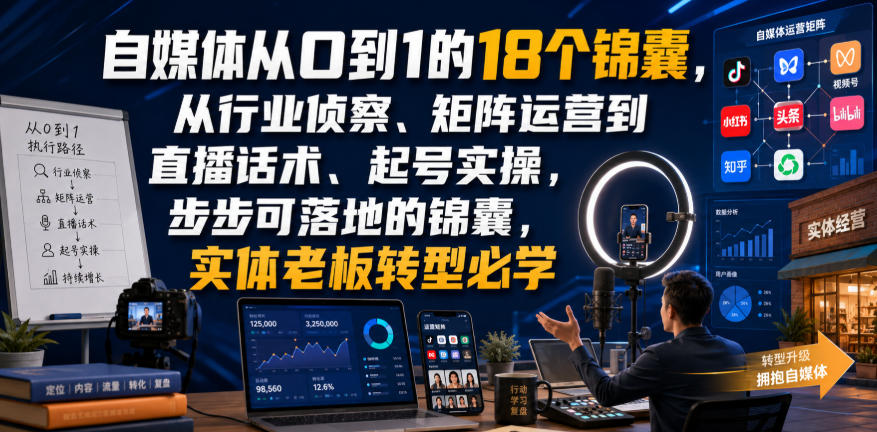 自媒体从0到1的18个锦囊，从行业侦察、矩阵运营到直播话术、起号实操，步步可落地的锦囊，实体老板转型必学-小灰云创
