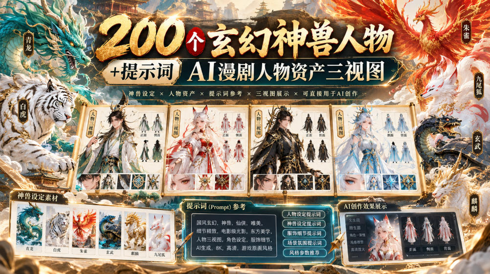 200个玄幻神兽人物+提示词ai漫剧人物资产三视图-小灰云创