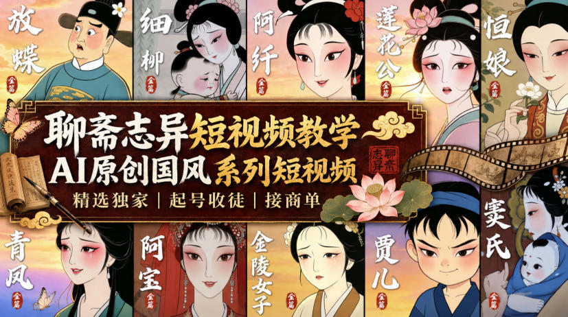 聊斋志异短视频教学，AI原创国风系列短视频，精选独家丨起号收徒丨接商单-小灰云创