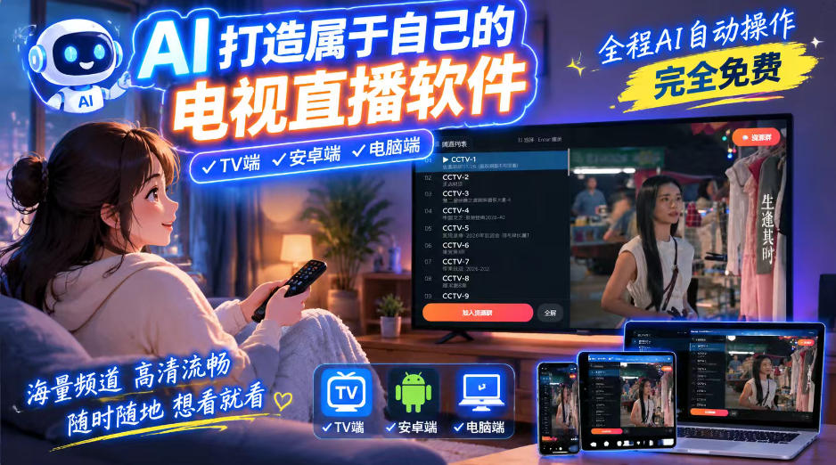 一个提示词,AI全自动做出电视直播软件,电脑、安卓、电视三端通用,完全免费,画质流畅不卡顿-小灰云创