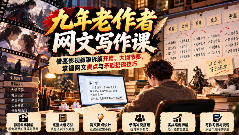 九年老作者网文写作课：借鉴影视叙事拆解开篇、大纲节奏，掌握网文爽点与矛盾搭建技巧-小灰云创